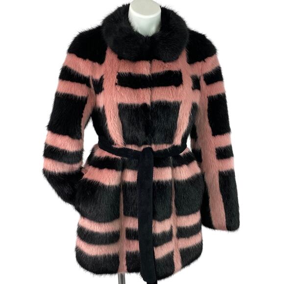 Shrimps Pink Black Plaid Faux Fur Coat Women’s M Short Modacrylic - Picture 3 of 13